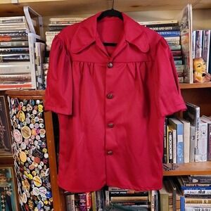 Vintage 70s Red Handmade Short Housecoat Button Front Loungewear Top